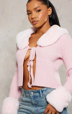 Pink Faux Fur Trim Detail Tie Front Top
