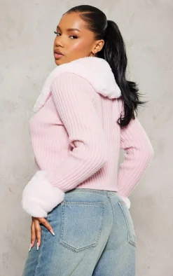 Pink Faux Fur Trim Detail Tie Front Top