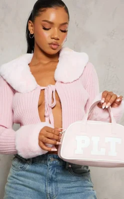Pink Faux Fur Trim Detail Tie Front Top