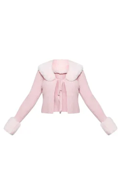 Pink Faux Fur Trim Detail Tie Front Top