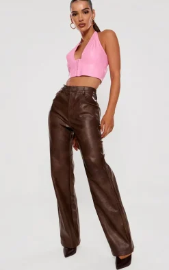 Pink Faux Leather Hook & Eye Plunged Crop Top
