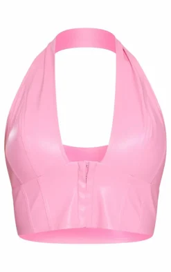 Pink Faux Leather Hook & Eye Plunged Crop Top