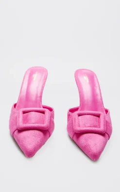 Pink Faux Suede Wide Fit Buckle Point Toe Heeled Mules