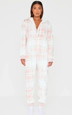 Pink Fleece Check Hooded Onesie