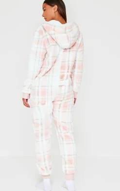 Pink Fleece Check Hooded Onesie