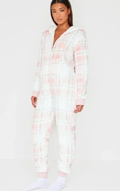 Pink Fleece Check Hooded Onesie