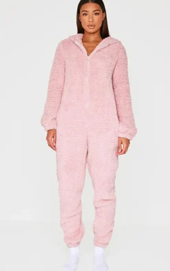 Pink Fleece Teddy Ears Hooded Onesie