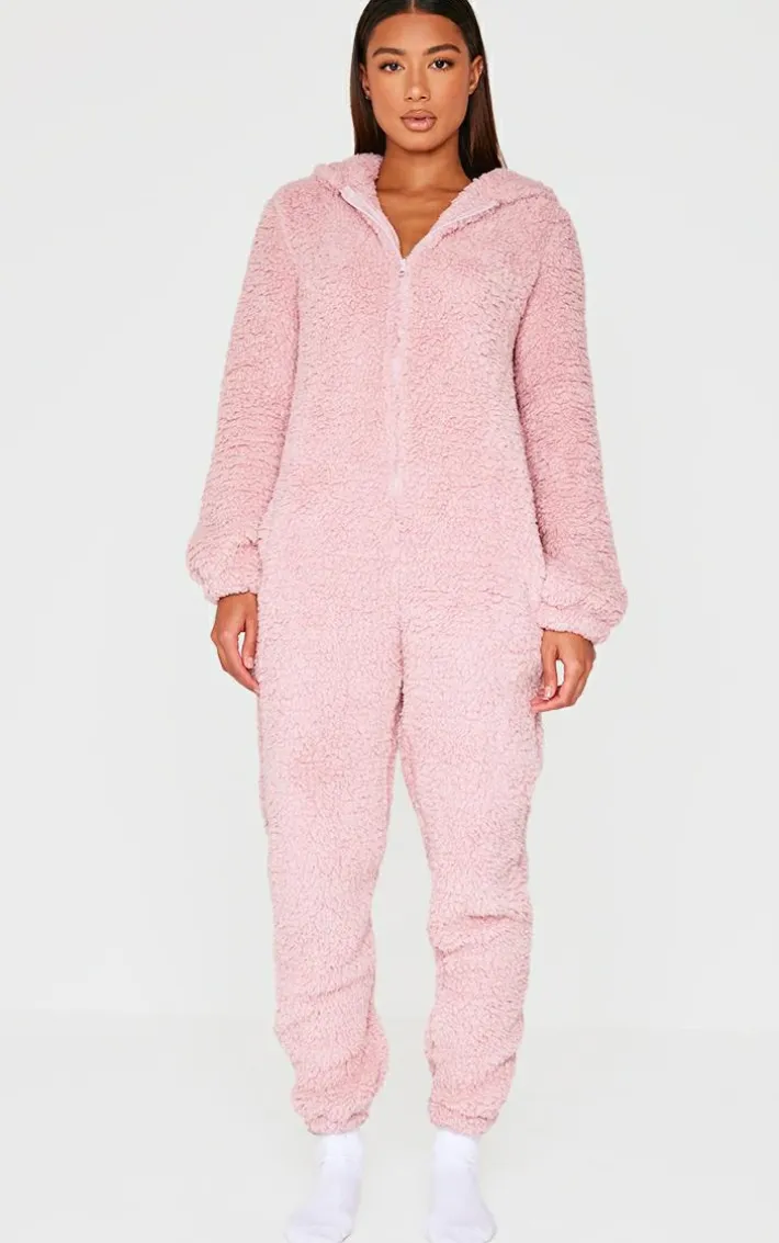 Pink Fleece Teddy Ears Hooded Onesie