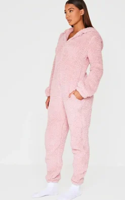 Pink Fleece Teddy Ears Hooded Onesie