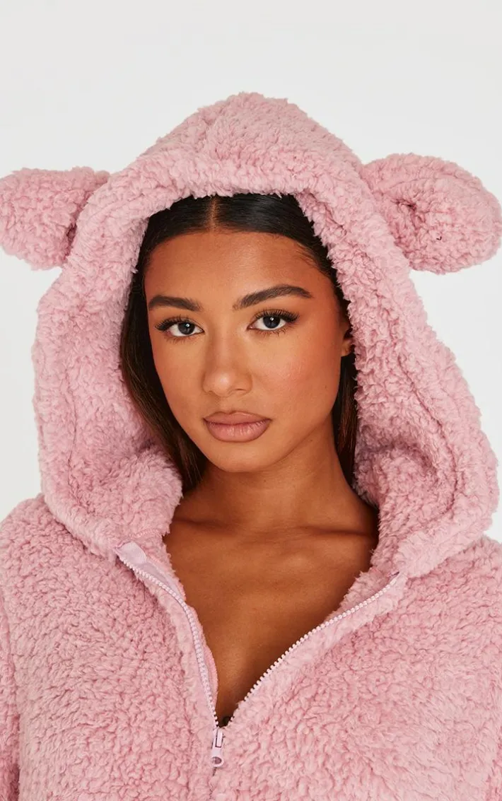 Pink Fleece Teddy Ears Hooded Onesie