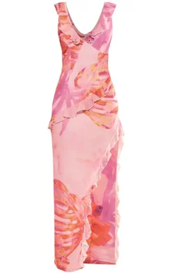 Pink Floral Asymmetric Frill Split Maxi Dress