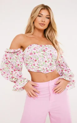 Pink Floral Boned Bardot Crop Top