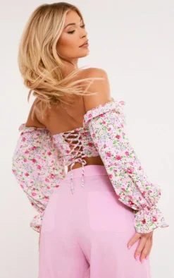 Pink Floral Boned Bardot Crop Top