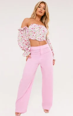 Pink Floral Boned Bardot Crop Top