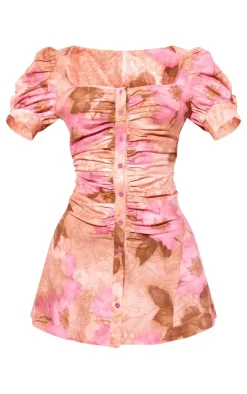 Pink Floral Cotton Poplin Ruched Button Shift Dress