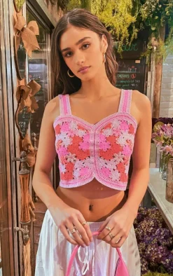 Pink Floral Crochet Stitch Detail Crop Top