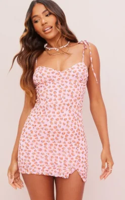 Pink Floral Ditsy Chiffon Cup Detail Tie Strap Bodycon Dress