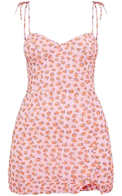 Pink Floral Ditsy Chiffon Cup Detail Tie Strap Bodycon Dress