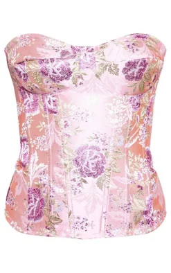 Pink Floral Jacquard Satin Corset