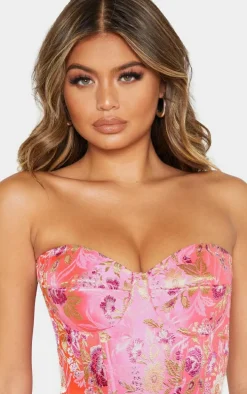 Pink Floral Jacquard Satin Corset