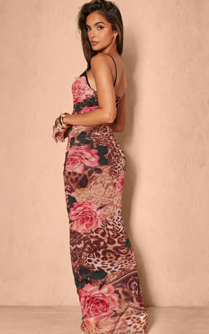 Pink Floral Leopard Print Mesh Cowl Neck Lace Cup Detail Maxi Dress