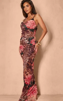 Pink Floral Leopard Print Mesh Cowl Neck Lace Cup Detail Maxi Dress
