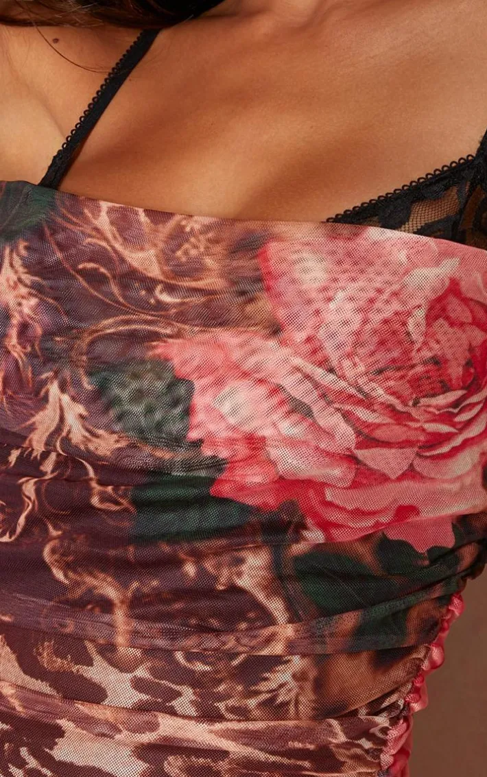 Pink Floral Leopard Print Mesh Cowl Neck Lace Cup Detail Maxi Dress