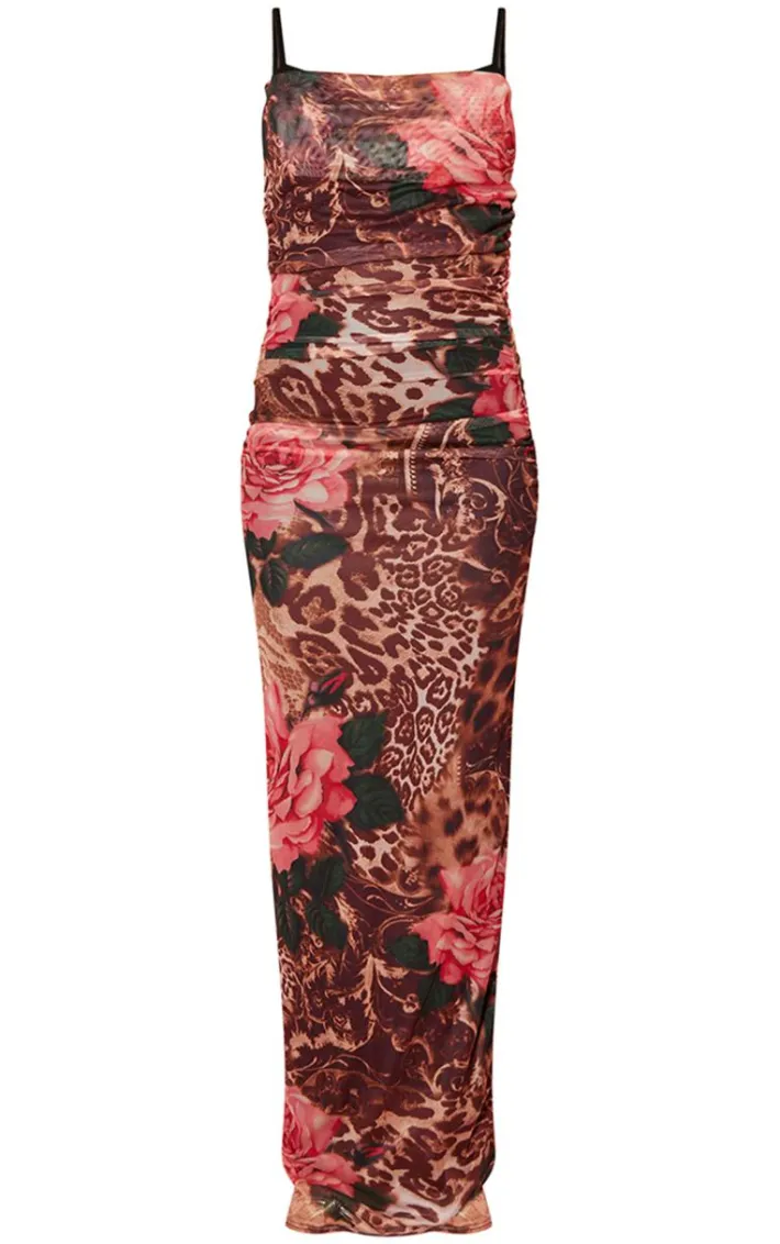 Pink Floral Leopard Print Mesh Cowl Neck Lace Cup Detail Maxi Dress