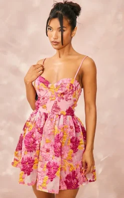 Pink Floral Organza Jacquard Underwired Shift Dress