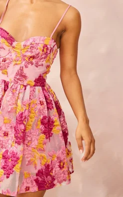 Pink Floral Organza Jacquard Underwired Shift Dress