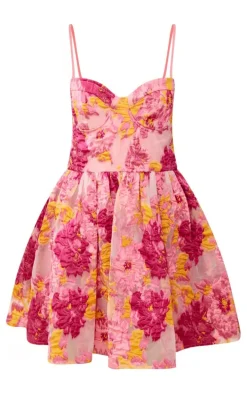 Pink Floral Organza Jacquard Underwired Shift Dress