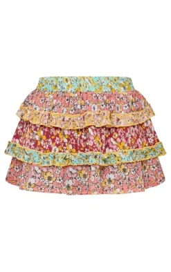 Pink Floral Print Cheesecloth Tiered Frill Mini Skirt