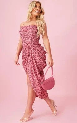 Pink Floral Print Chiffon Ruched Drape Midi Dress