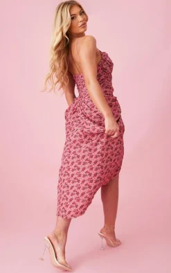 Pink Floral Print Chiffon Ruched Drape Midi Dress