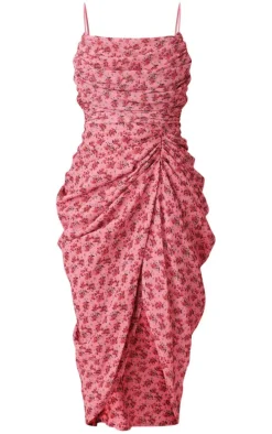 Pink Floral Print Chiffon Ruched Drape Midi Dress