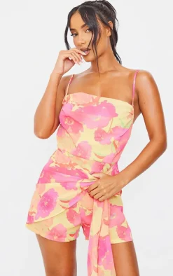 Pink Floral Print Chiffon Drape Tie Detail Strappy Romper