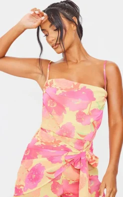 Pink Floral Print Chiffon Drape Tie Detail Strappy Romper