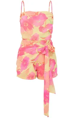 Pink Floral Print Chiffon Drape Tie Detail Strappy Romper