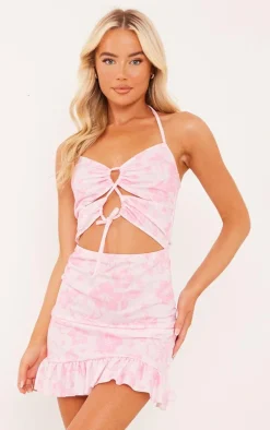 Pink Floral Print Cut Out Frill Hem Halterneck Shift Dress