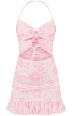 Pink Floral Print Cut Out Frill Hem Halterneck Shift Dress