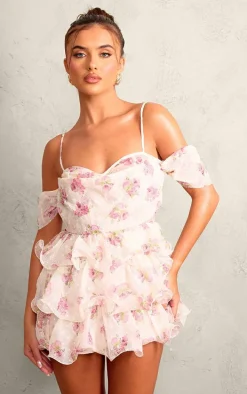 Pink Floral Print Dobby Textured Chiffon Frilly Romper