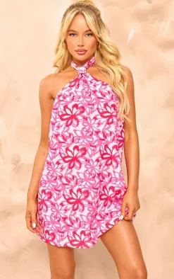Pink Floral Print Halter Neck Shift Dress