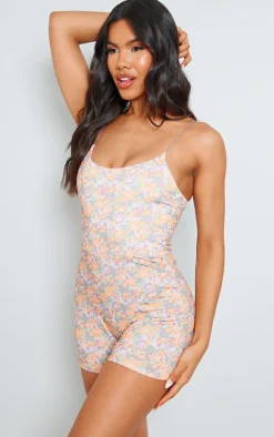 Pink Floral Print Jersey Strappy Romper