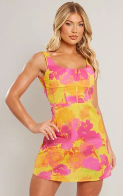 Pink Floral Print Linen Look Corset Detail Bodycon Dress