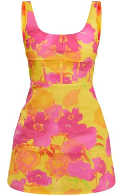 Pink Floral Print Linen Look Corset Detail Bodycon Dress