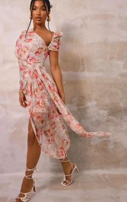 Pink Floral Print One Shoulder Draped Chiffon Bodycon Dress