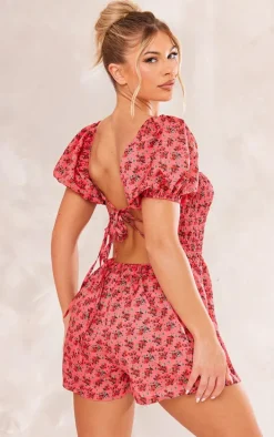 Pink Floral Print Puff Sleeve Shirred Tie Back Romper