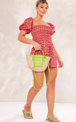 Pink Floral Print Puff Sleeve Shirred Tie Back Romper