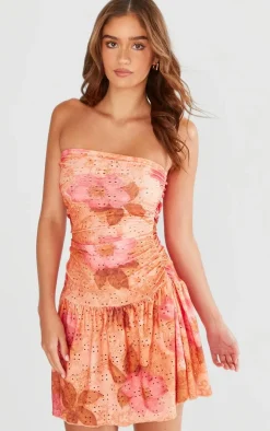 Pink Floral Printed Broderie Frill Bandeau Bodycon Dress