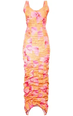 Pink Floral Printed Extreme Ruched Midaxi Dress